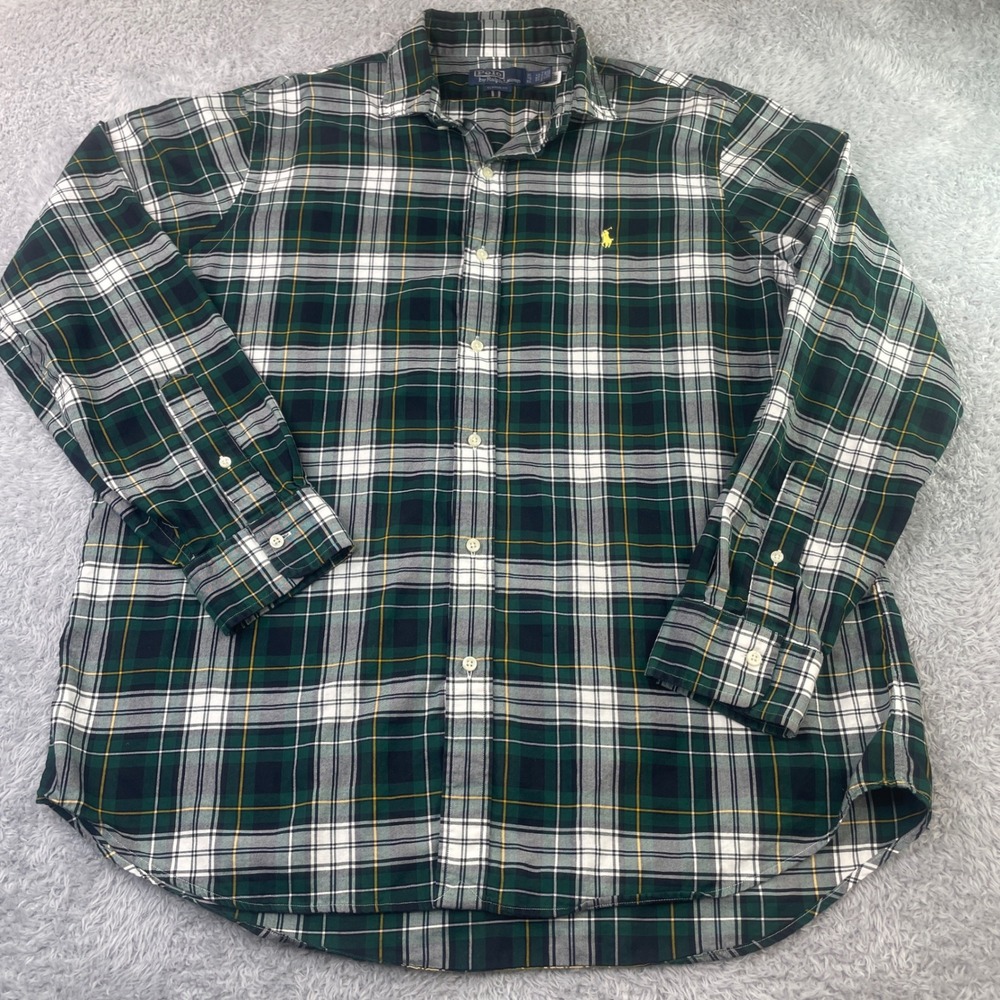 Polo Ralph Lauren Button Down Mens XL Green White Plaid Classic Fit Long Sleeve